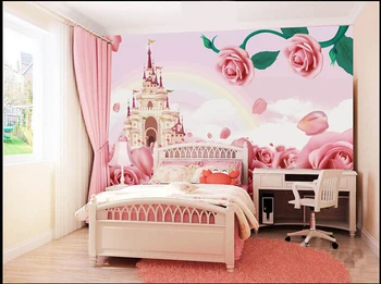 Custom papel DE parede infantil, rausvos rožės ir pilies sienų freskomis vaikų kambaryje sofa-lova, miegamojo audinio papel DE parede