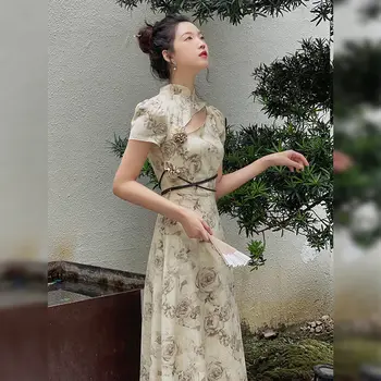 2023 naujas Kinų stiliaus ilgai pagerėjo cheongsam suknelė retro slim hanfu jauna mergina slim šokių suknelė gėlių spausdinti seksualus qipao a39