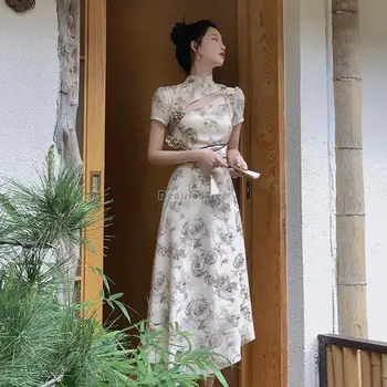 2023 naujas Kinų stiliaus ilgai pagerėjo cheongsam suknelė retro slim hanfu jauna mergina slim šokių suknelė gėlių spausdinti seksualus qipao a39 Nuotrauka 2