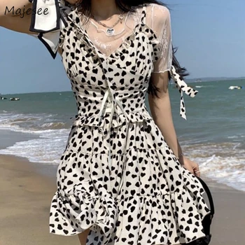 Suknelė Rinkiniai Moterims Vasaros Mados Naujų Laisvalaikio Elegantiškas prancūzų Stilius Saldus Spausdinti Prarasti Nėrinių Atostogų V-kaklo Tvarstis Koledžo Moterų