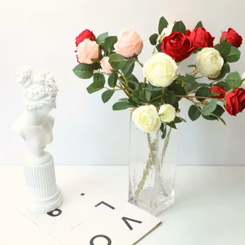 10vnt Modeliavimas 3 Vadovai Rožės Pumpuras Puokštė Dirbtinės Gėlės, Vestuvių Gėlių Sienos Fone Namų Puošybai Netikrą Rožių Vainikas Nuotrauka 2
