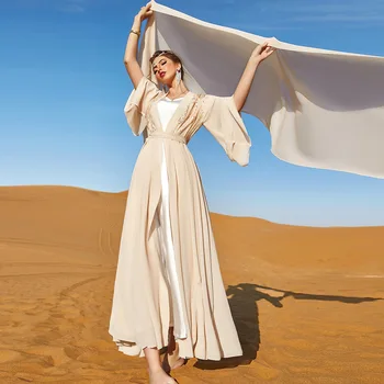 Eid Šifono Atidaryti Abaja Dubajus Vakaro Suknelės Kaftans Moterų Musulmonų Suknelė Kimono Femme Musulmane Islamas Abayas Kuklus Komplektai