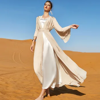 Eid Šifono Atidaryti Abaja Dubajus Vakaro Suknelės Kaftans Moterų Musulmonų Suknelė Kimono Femme Musulmane Islamas Abayas Kuklus Komplektai Nuotrauka 2