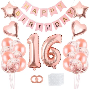 16 metų gimtadienio balionas nustatyti rose gold 16 metų gimtadienio dekoracija su gimtadieniu laišką traukti vėliavos rinkinys