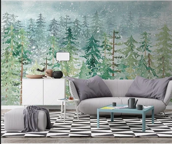 3d tapetai Šiaurės rankomis dažyti pušyne, abstrakčiai miškai akvarelė miegamasis TV fono sienos 3d tapetai Nuotrauka 2