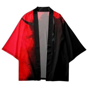 Mados Raudona Juoda Sujungimas Spausdinti Vyrai Moterys Kimono Paplūdimio Šortai Cardigan Japonijos Yukata Drabužių Harajuku Haori