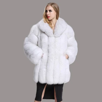 2022 m. Žiemos Moterys Dirbtiniais Fox Fur Coat Ilgai Mados Moterų ilgomis Rankovėmis Pasukite Žemyn Apykaklės Šiltas Pūkuotas Kailio Striukė Striukės Moterims