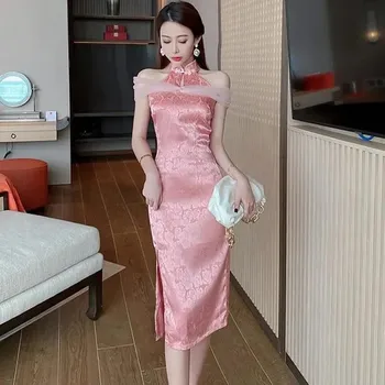 Kinų Suknelė Vasaros Vidurio-ilgis Apykaklės Qipao Moterų Retro Eleganti Spausdinimo Tradicinių Pusės Split Suknelė su Sexy Nėrinių Cheongsam