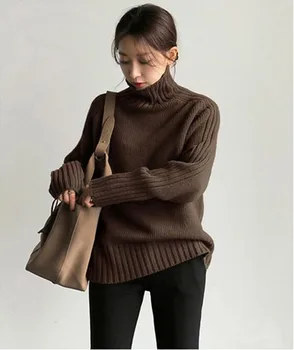 2020 m. Japonijos moterų rudenį ir žiemą naujas paprastas aukšto kaklo temperamentas gryna spalva megztinius ilgomis rankovėmis laukinių megztinis, striukė
