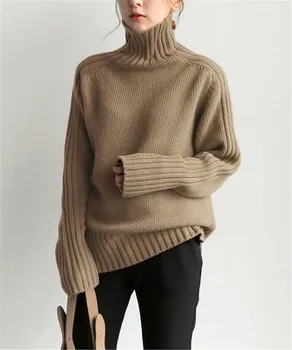 2020 m. Japonijos moterų rudenį ir žiemą naujas paprastas aukšto kaklo temperamentas gryna spalva megztinius ilgomis rankovėmis laukinių megztinis, striukė Nuotrauka 2