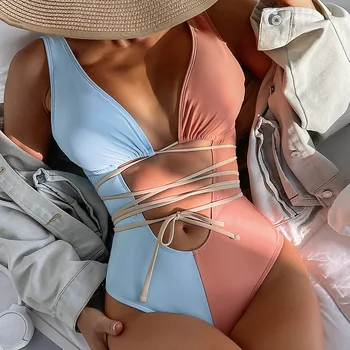 Moterų 2022 maudymosi Kostiumėliai, Bikini Mados Kontrasto Spalvų Paplūdimio Biquini Diržas SexyHollow susieti vienas-detale, atvira nugara seksualus maudymosi kostiumėlį Y2K