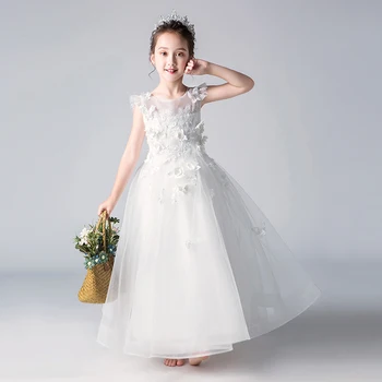 Elegantiškas Merginos Vestuvių Suknelė Appliques Balto Tiulio, Nėrinių Ilgai Princesė Partijos Inscenizacija Oficialų Suknelė Vaikų Pirmosios Komunijos Suknelės