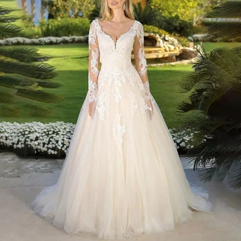ilgomis rankovėmis vestuvių suknelė plius dydis V kaklo, nuotaka, vestuvinė suknelė, nėriniai aplikacijos kamuolys suknelė princesė vestuvių suknelė