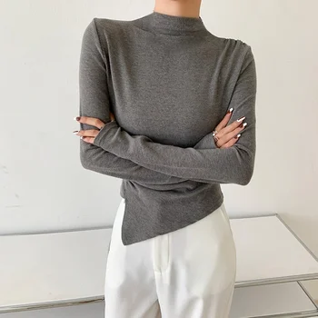 Pusė Golfo Megztinis Dugno Marškinėliai Moterims Žiemos 2021 Dizaino Pagrindinio Viršuje Pure Color Long Sleeve Shirt Korėjos Mados Megztinis