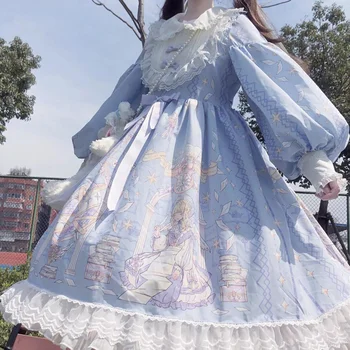 Japonijos Pavasario Vasaros saldus Lolita Dress Moterų Kawaii Viktorijos arbatėlė ilgomis Rankovėmis Nėrinių Gothic Girls Lolita Suknelės Cosplay