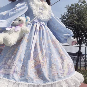 Japonijos Pavasario Vasaros saldus Lolita Dress Moterų Kawaii Viktorijos arbatėlė ilgomis Rankovėmis Nėrinių Gothic Girls Lolita Suknelės Cosplay Nuotrauka 2