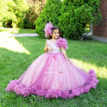 Purus Rožinė Princesė Gėlių mergaičių Suknelės Appliques Rankovių Raukiniai, Plunksnų Mergaitės Gimtadienio vakarėlis, Chalatai Fotografijos