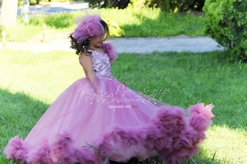 Purus Rožinė Princesė Gėlių mergaičių Suknelės Appliques Rankovių Raukiniai, Plunksnų Mergaitės Gimtadienio vakarėlis, Chalatai Fotografijos Nuotrauka 2