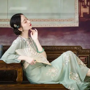 Elegantiškas Šifono Išsiuvinėti Gėlių Fėja Ilga Suknelė Moterims Qing Dinastijos Senovinių Rytietiškų Cheongsam Kinijos Vakarinės Suknelės Qipao Nuotrauka 2