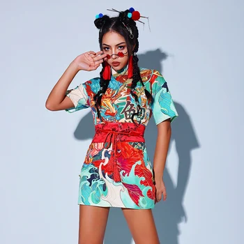 Kinų Stiliaus Streetwear Moterų Hip-Hop Drabužius Gogo Šokėjos Kostiumas Rave Rinkinys Festivalis Drabužių Etape Kostiumas Šokėja Apranga DL9709