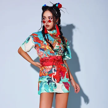 Kinų Stiliaus Streetwear Moterų Hip-Hop Drabužius Gogo Šokėjos Kostiumas Rave Rinkinys Festivalis Drabužių Etape Kostiumas Šokėja Apranga DL9709 Nuotrauka 2