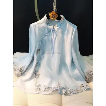 2023 vasarą naujas patobulintas naujas kinų stiliaus išsiuvinėti marškiniai mados nacionalinės stiliaus kutas mygtuką šilko imitacijos moteriška palaidinė Nuotrauka 2