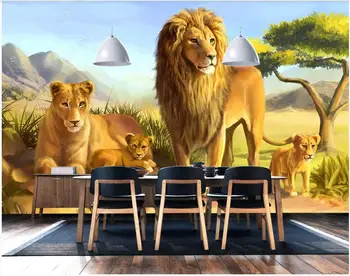 3d Tapetai ant sienos freskos miško pievos gyvūnų liūtas šeimos vaikų kambarį, namų dekoro foto tapetai, sienų į ritinius Nuotrauka 2