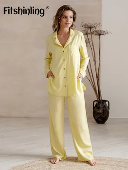 Fitshinling Mygtuką Geltona Atsitiktinis Sleepwear Moterų Kietas ilgomis Rankovėmis Vasarą moteriški naktiniai drabužiai Kelnės Minkštos Nustatyti Moteris 2 vnt Naujus