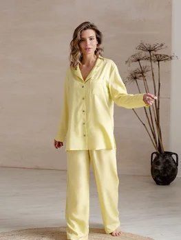 Fitshinling Mygtuką Geltona Atsitiktinis Sleepwear Moterų Kietas ilgomis Rankovėmis Vasarą moteriški naktiniai drabužiai Kelnės Minkštos Nustatyti Moteris 2 vnt Naujus Nuotrauka 2