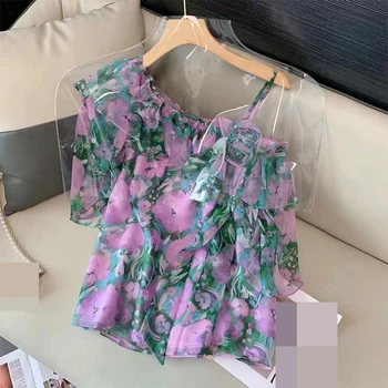 Nereguliarus suknelė gėlių šifono marškinėliai moterų 2022 naujo dizaino prarasti mados stilius Atsitiktinis derliaus streetwear Vasaros Nuotrauka 2
