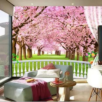 Aukštos kokybės užsakymą 3D freskos,3d vyšnių medžiai pro langą papel de parede,svetainė, TV miegamojo sienos tapetai. Nuotrauka 2