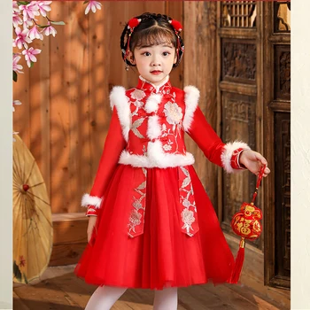 Vaikai Tango Cheongsam Qipao Suknelė Raudona Žiemos Šiuolaikinės Kinų Naujieji Metai Drabužius Mergina Dviejų Dalių Komplektas Bamblys Baby Vaikų Princesė