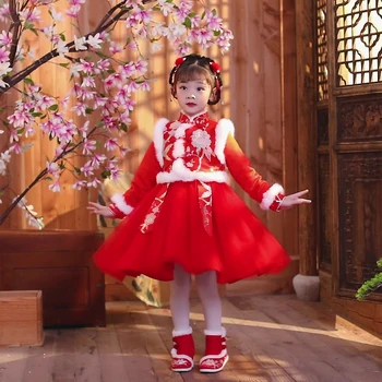 Vaikai Tango Cheongsam Qipao Suknelė Raudona Žiemos Šiuolaikinės Kinų Naujieji Metai Drabužius Mergina Dviejų Dalių Komplektas Bamblys Baby Vaikų Princesė Nuotrauka 2