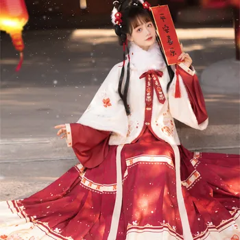 Rudenį, Žiemą Originalus Moterų Kinų Stiliaus Siuvinėjimų Hanfu Lady Senovės Retro Raudona Suknelė Trijų Dalių Kostiumą Rytų Purus Sijonas