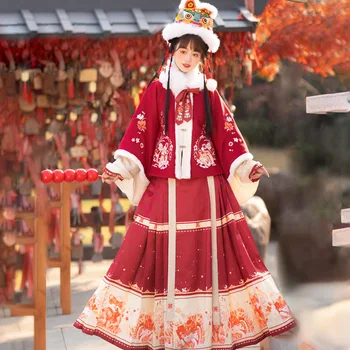 Rudenį, Žiemą Originalus Moterų Kinų Stiliaus Siuvinėjimų Hanfu Lady Senovės Retro Raudona Suknelė Trijų Dalių Kostiumą Rytų Purus Sijonas Nuotrauka 2