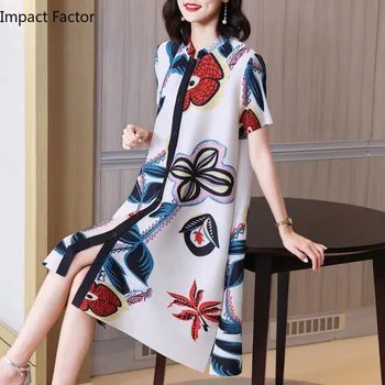 Sanzhai Plisuotos Pavasario Dress 2023 Naujas Moteriškas Retro Spausdintos Kelių Sluoksnių Laisvi Marškinėliai Suknelė