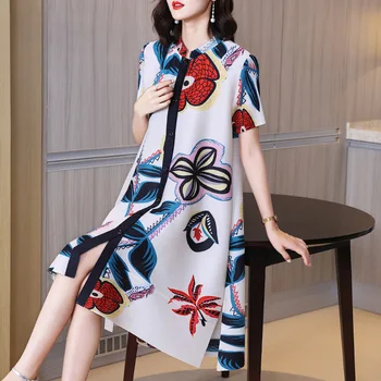 Sanzhai Plisuotos Pavasario Dress 2023 Naujas Moteriškas Retro Spausdintos Kelių Sluoksnių Laisvi Marškinėliai Suknelė Nuotrauka 2