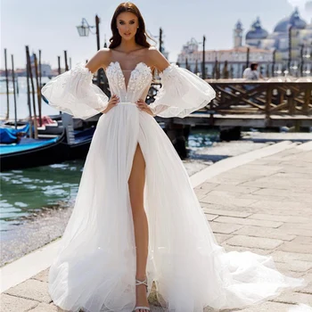Tiulio 3D Gėlės Vestuvių Suknelė Moterims Custom Made to Measure Elegantiškas 2023 Blizgučiai Linijos Boho Nuimamas Sluoksniuotos ilgomis Rankovėmis