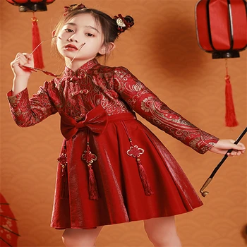Rudenį Cheongsam Tango Kostiumas Kostiumas Drabužius, Žiemos Mergaitės, Raudona Spausdinti Hanfu Kinų Stiliaus Princesė Suknelė Nuotrauka 2