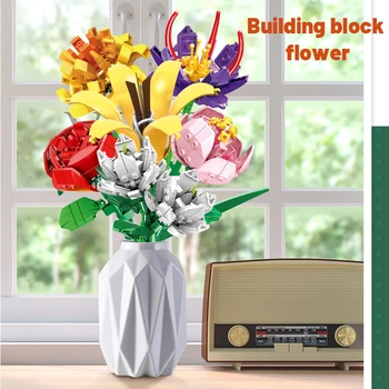 Blokai Puokštė Namų Puošybai 3D Modelį Vazoninių Augalų, Gėlių Surinkti Blokai Mergina Žaislai, Dovanos Vaikams