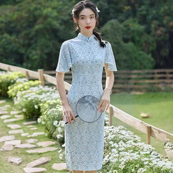 Mėlynos spalvos Nėrinių Cheongsam 2022 Nauji Aukštos Kokybės Siuvinėjimo Retro Suknelė trumpomis Rankovėmis Kinų Stiliaus Tradicinių Seksualus Qipao S iki XXL