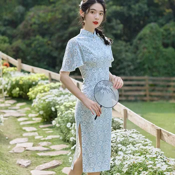 Mėlynos spalvos Nėrinių Cheongsam 2022 Nauji Aukštos Kokybės Siuvinėjimo Retro Suknelė trumpomis Rankovėmis Kinų Stiliaus Tradicinių Seksualus Qipao S iki XXL Nuotrauka 2