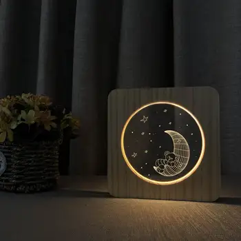 3D LED Lokys ir Mėnulis Akrilo Medinė USB Naktį Lempos Lentelė Šviesos Drožyba Lempos Vaikų Kambario Papuošti