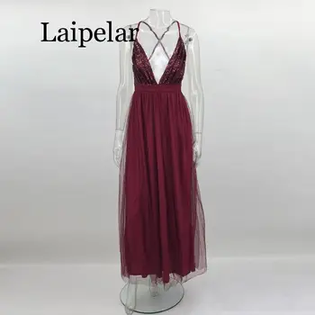 Moterų suknelė 2021Bodycon atsitiktinis moterų ilgas sijonas blizgučiais giliai V-kaklo, atvira nugara moterų rožinė suknelė tiktų vidutinio ilgio sijonas Nuotrauka 2