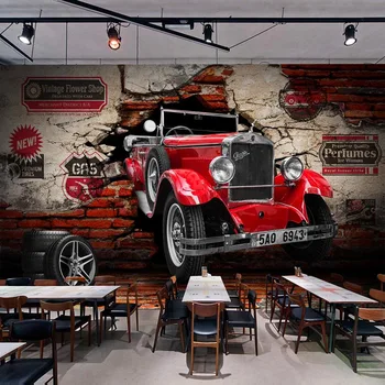 Lipnios Tapetai, 3D Stereo Senovinių Klasikinių Automobilių Skaldyti Sienos Freskomis Hotel Restaurant Fone Sienų Dekoras atsparus Vandeniui Lipdukas