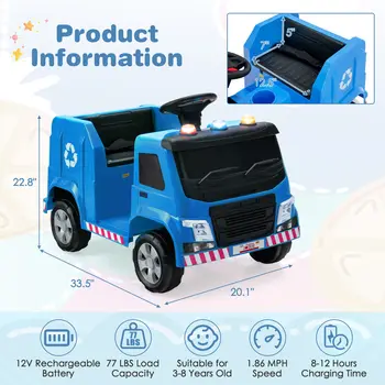 Babyjoy 12V Perdirbimo Šiukšlių, Sunkvežimių Elektros Važiavimo Ant Žaislų Nuotolinio w/ Perdirbimo Priedai Nuotrauka 2