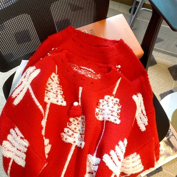 Duobute Kalėdų Eglutė Raudonas Megztas Megztinis Moterų Pavasarį, Rudenį Naujų Senovinių ilgomis rankovėmis Megztiniai vientisos Spalvos Megztinis Moteriška