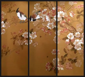 Individualų Rankomis dažyti šilko tapetų dažymas gėlės su paukščių rankomis dažyti wallcovering daug modelių/fonas neprivaloma