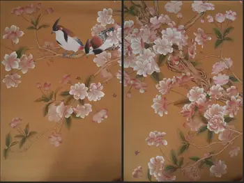 Individualų Rankomis dažyti šilko tapetų dažymas gėlės su paukščių rankomis dažyti wallcovering daug modelių/fonas neprivaloma Nuotrauka 2