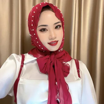 Trikampis Perlai 2022 Musulmonų Moterys Šifono Skara Hijabs Nuotrauka 2